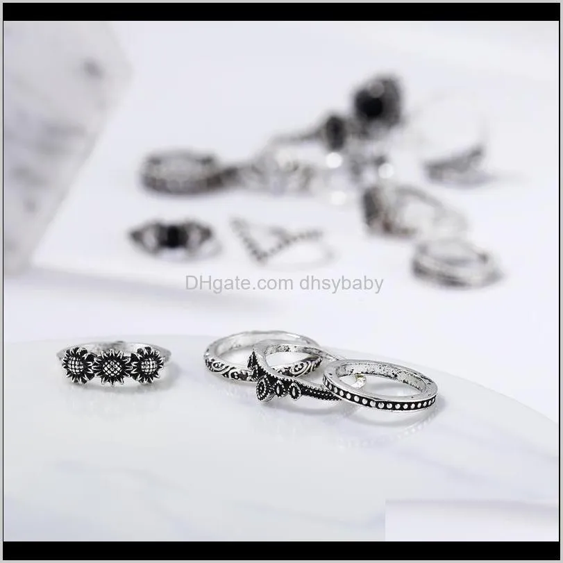 women bohemian rings ethnic style retro hollow lotus ring black gem joint ring fashion jewelry 15 piece / set