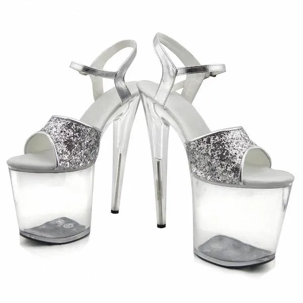 Magnifique or/argent paillettes talons hauts 8 pouces fleurs blanches chaussures de mariage plate-forme transparente cristal 20 cm robe de soirée sandales