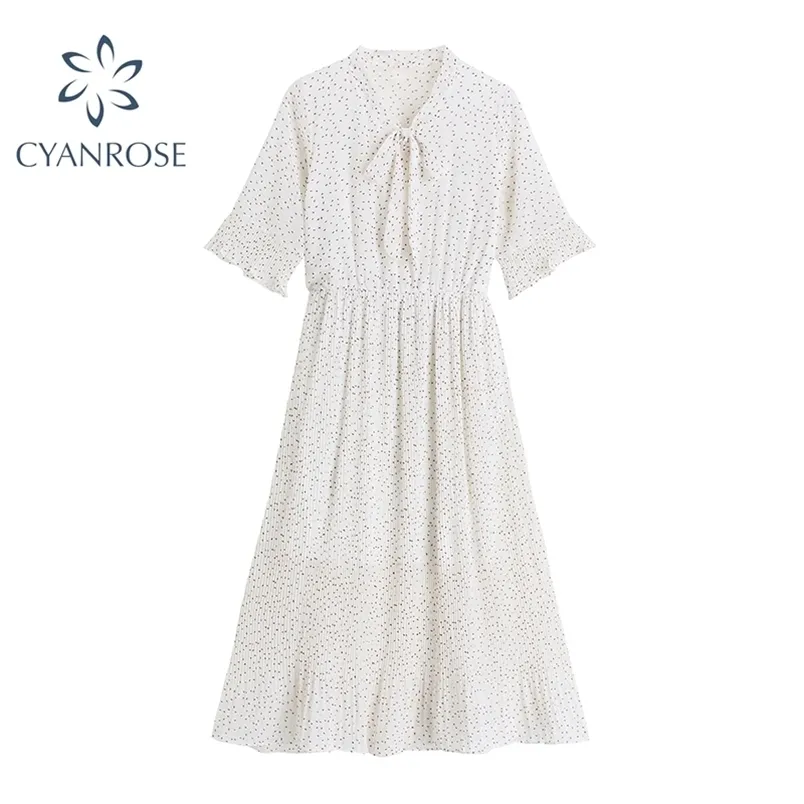 Robe chic à pois imprimés pour femmes élégantes col en V Bownot Bandage travail décontracté lâche Mori fille coréenne été Boho OL frocs 210515