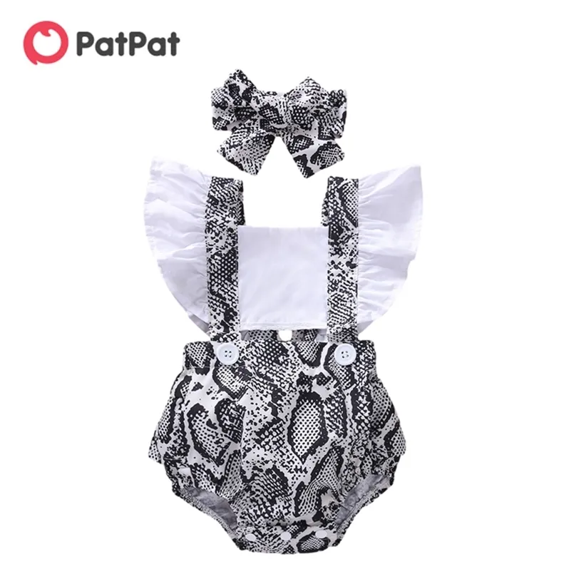 Arrival Summer 2-piece Baby Flutter-sleeve Stylish Print Romper with Headband Set Baby's Clothing 210528