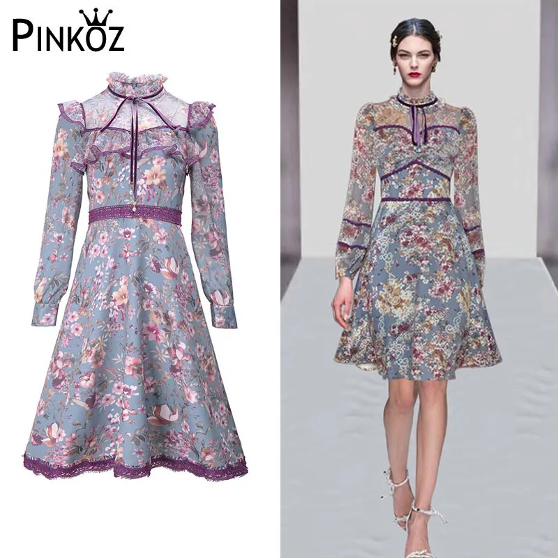 Fashion Runway Sommerkleid Frauen Spitze Fliege Patchwork Blumendruck Damen Elegante Vintage Mini Vestidos 210421