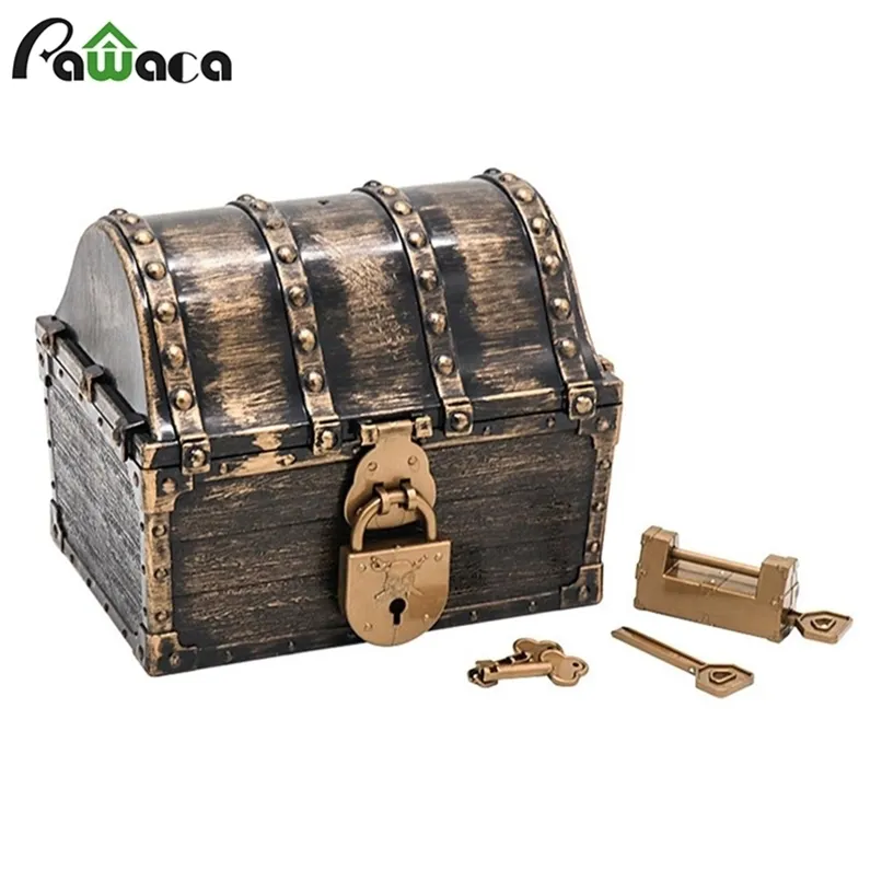 Retro pirata de madeira tesouro caixa caixa de caixa de armazenamento de jóias casa casa decorativa quarto brinquedo favores proxs presente 210922
