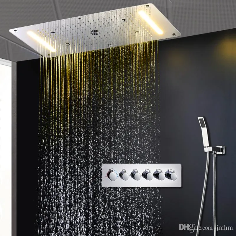 Роскошь 700 * 380 мм Электрическая мощность светодиодных осадков утопленный потолок монтируемый душ головной дождевой осадкой водопад