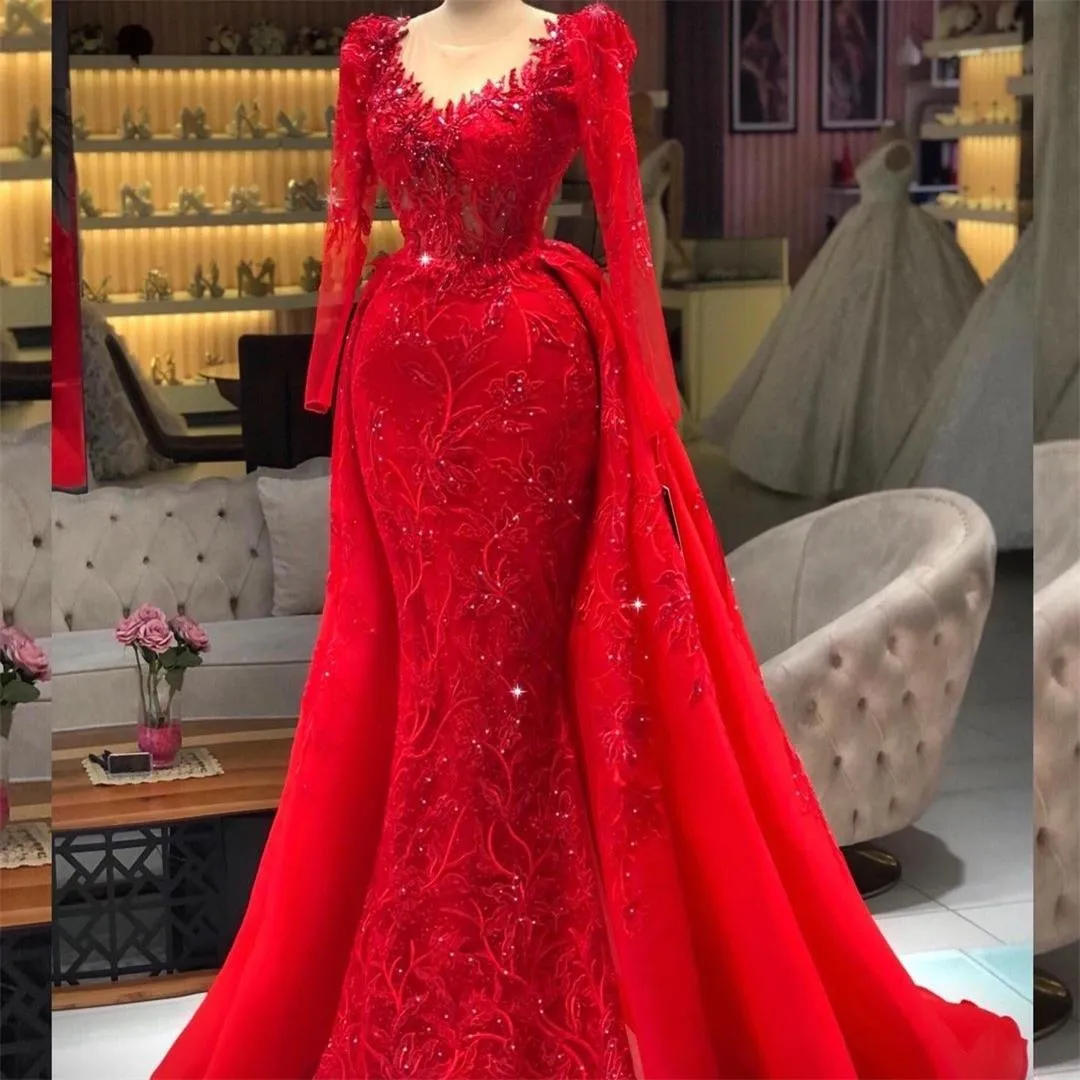 Sparkle Red Mermaid Evening Dress with Detachable Train Lace Prom Gowns Sequins Long Sleeve Party Second Reception Dress 2022