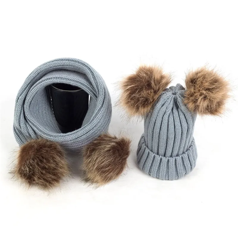 2 Pz Inverno Nuovo Spessore Caldo Cappello Del Bambino Sciarpa per Ragazzo Ragazza Set Carino Doppio Pompon Bambini Bambini Beanie Sciarpe per Ragazzi Ragazze 2596 Q2