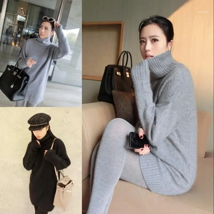 Wholesale-Women TurtleNeckプルオーバーカシミアセーター長い緩いソリッドカラーニットベーシックウールレディプラスサイズ2021冬