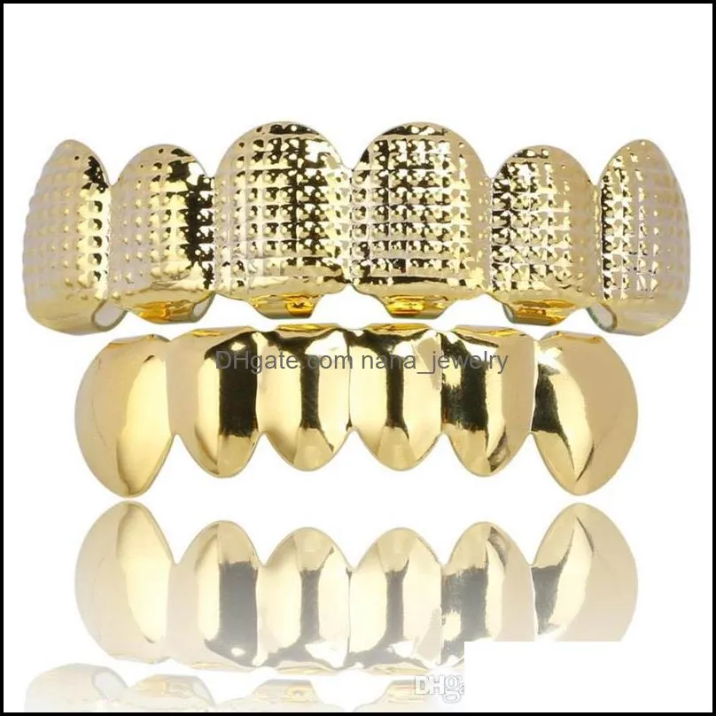 New 18K Real Gold Plated Punk Hip Hop Teeth Grillz Dental Mouth Fang Grills Up Bottom Tooth Cap Cosplay Party Rapper Jewelry Gifts