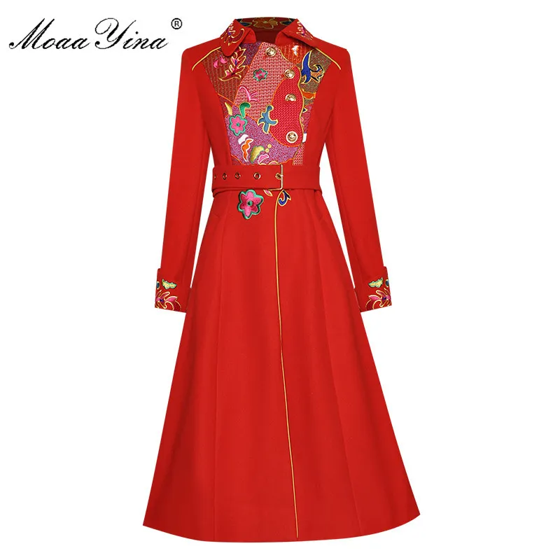 Mode Designer Woolen Cloth Overcoat Spring Höst Kvinnor Långärmad Singelbröst Broderi 210524