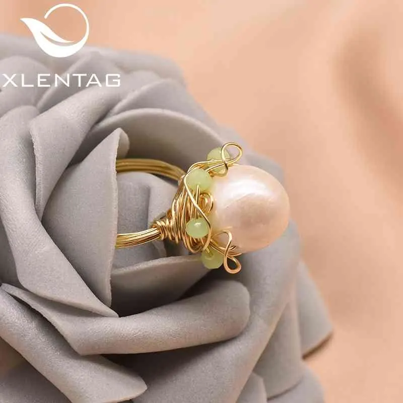 XlentAg Natural White Big Pearl Flower Rings Green Crystal Angel Women Punk Anniversary Party Gifts Hiphop Luxury Jewelry GR0249