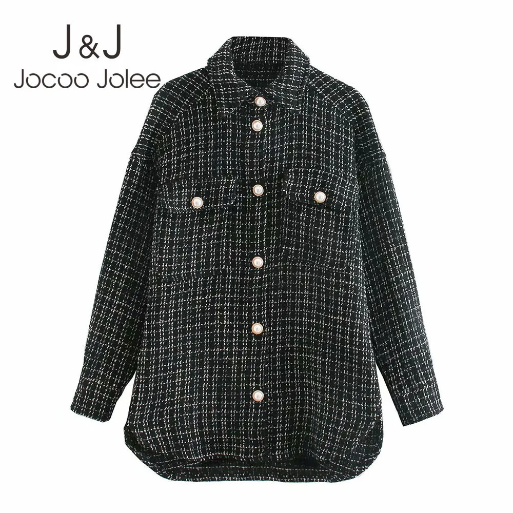 Jocoo Jolee Spring Pearlボタン長袖緩いウールのコートエレガントな格子縞のパターンブレザーオフィスレディジャケットポケット210518