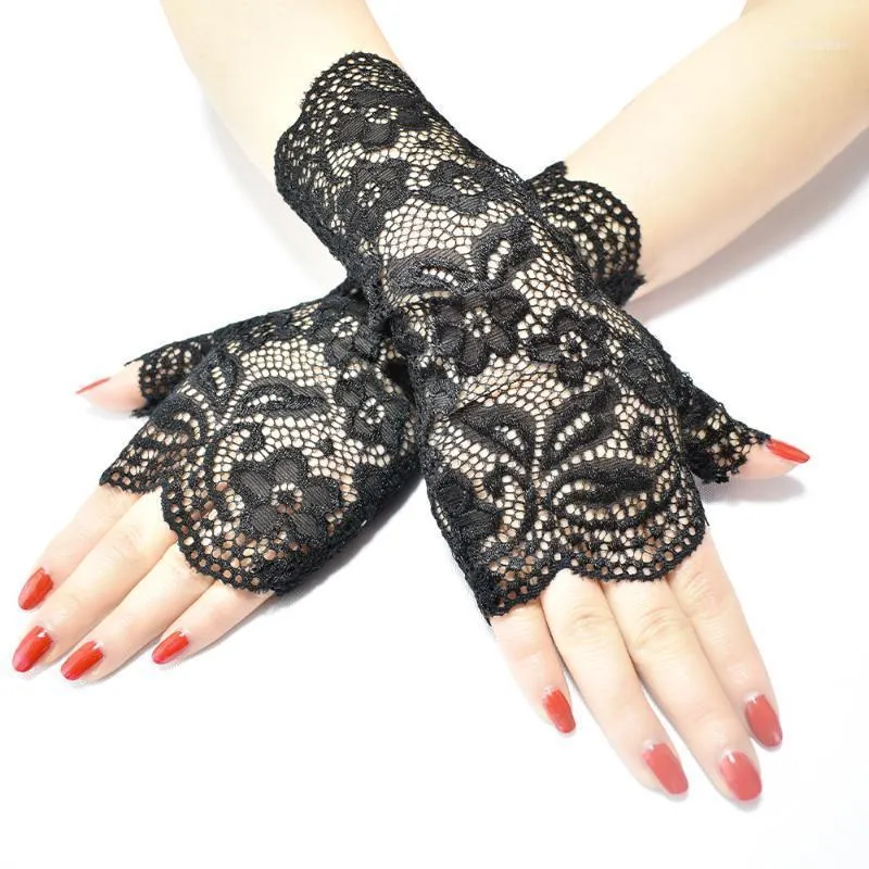 Femmes sans doigts dentelle gants dames demi doigt évider broderie Floral maille fête danse Costume accessoire mitaines1