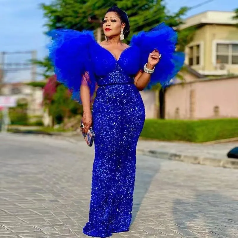 Aso Ebi 2022 Royal Blue Gaine Paillettes Robes De Soirée Pour Les Femmes Puffy Manches Glitter Longues Formelles Robes De Soirée Plus La Taille Africaine Équipée Robe De Bal Cocktail