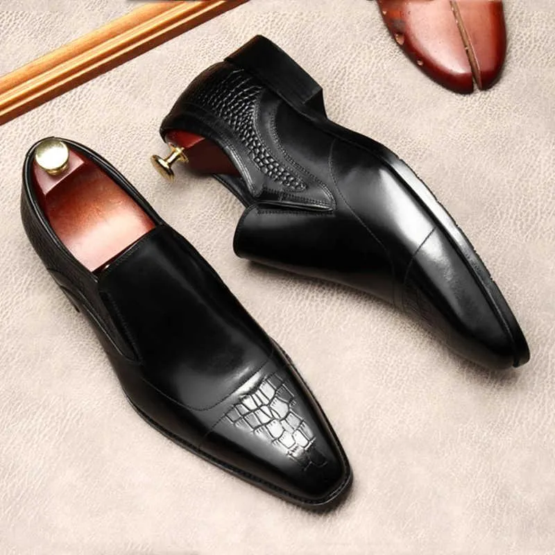 Men s Genuine Leather Oxford Dress Shoes Pointed Toe Slip On Wedding Formal Business Shoes Black Coffee 2024