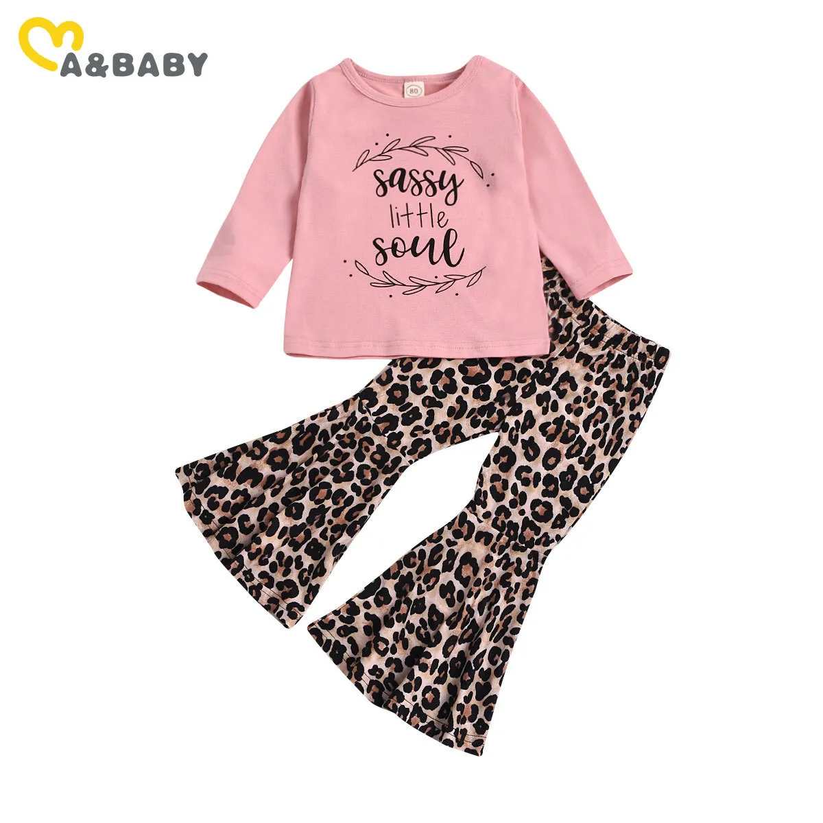 6M-3Y Herbst Frühling Kleinkind Kind Baby Mädchen Kleidung Set Brief Langarm Tops Flare Hosen Leopard Hosen Outfits 210515