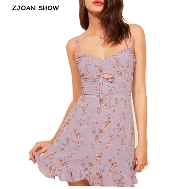 Été rétro violet imprimé fleuri robe à bretelles spaghetti Sexy femmes bois oreille volants O cou laçage Mini robes courtes 210429