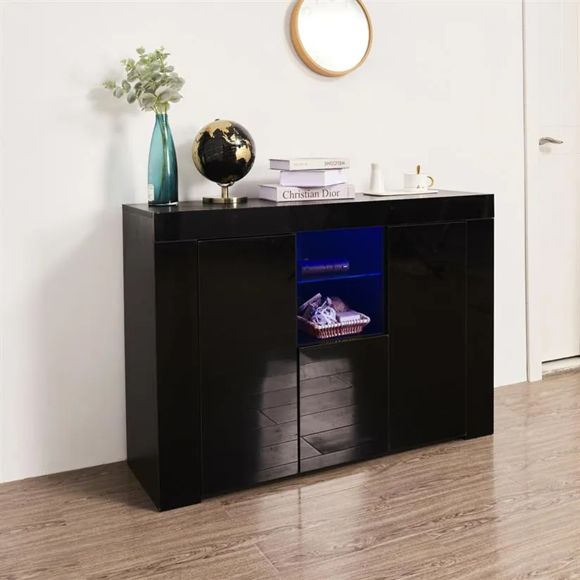 US Stock Home Furniture Kitchen Sideboard Cupboard with LED Light, Drawer and 2 Doors Black High Gloss Dining Room Buffet Storage Cabinet Hallway TV Stand a09