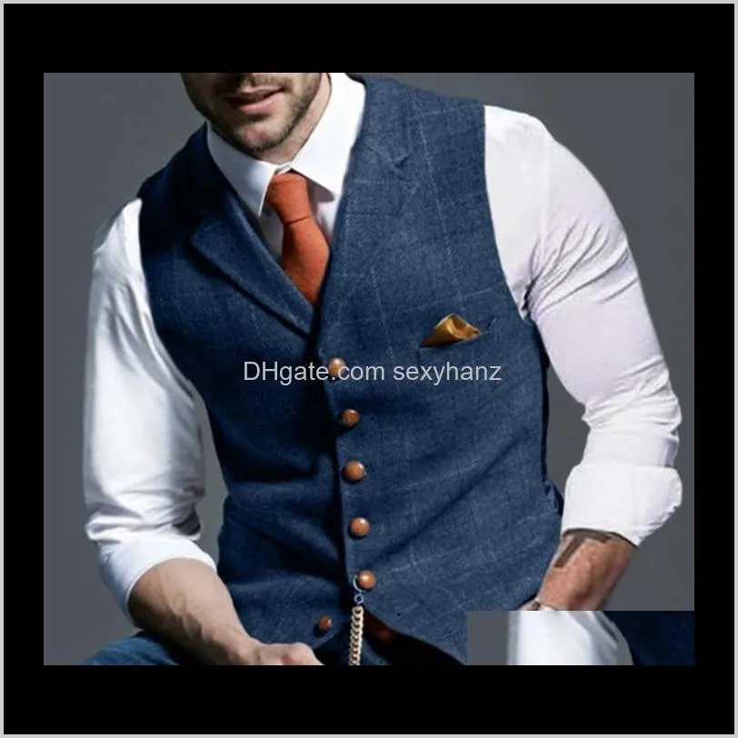 mens suit vest notched plaid wool herringbone tweed waistcoat casual formal business groomman for wedding1