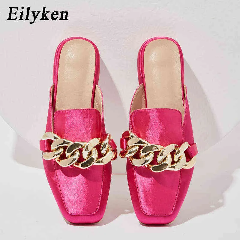 Chinelos Eilyken New Spring Mule Square Toe Salto Flat Slides Marca Metal Buckle Slip em Slipper Casual Senhoras Sanals220308