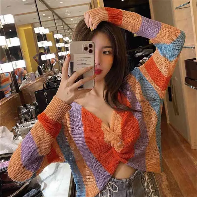 Långärmad Crop Top Women Tun Pullover Rainbow Sweater Streetwear Sexy V Neck Jumper Femme Sueter Mujer 210519