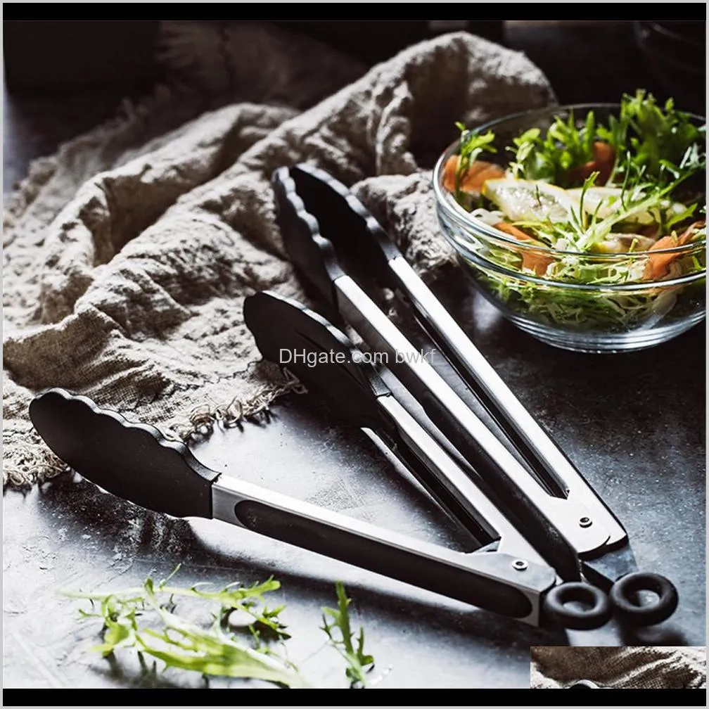 stainless steel silicone tongs meat barbecue bbq clips salad bread food bar serving tongs silver black hangable kitchen tool 1pc