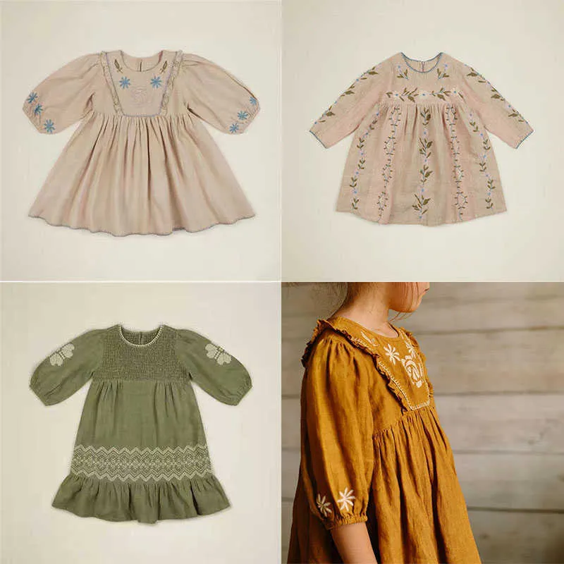 春の美しい刺繍のドレスのためのenkelibb幼児の女の子の長袖のドレスApoヴィンテージスタイルのブランドデザインファッションクロスQ0716