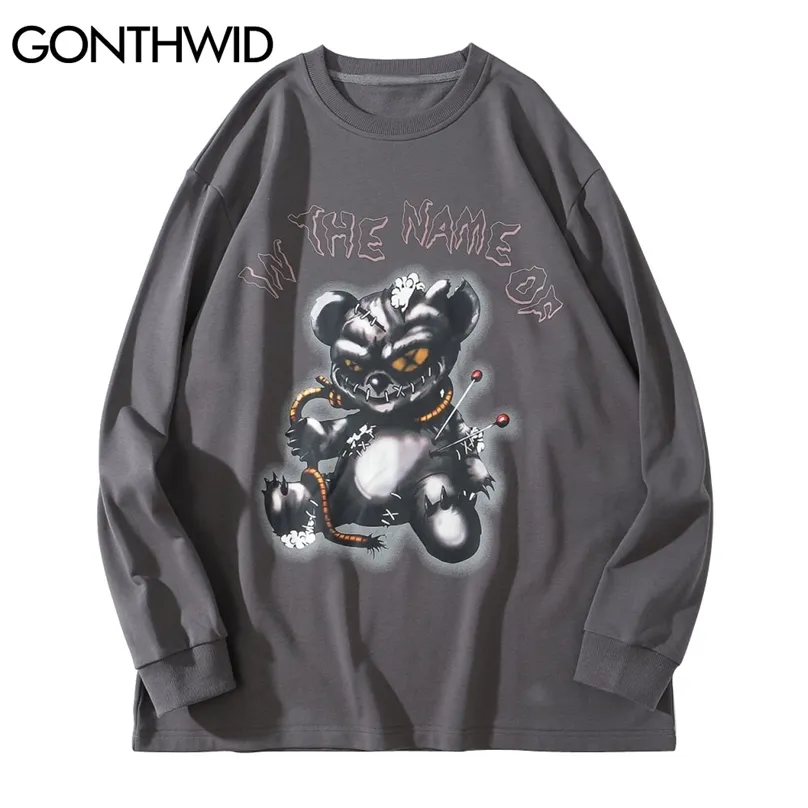 Koszulki z długim rękawem Koszulki Streetwear Hip Hop Devil Bear Print Casual Loose Tshirts Harajuku Punk Rock Gothic Topy 210602