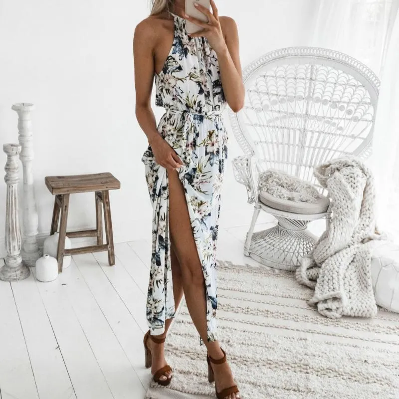 Robe femme 2021 mode femmes imprimer Boho Floral longue Maxi sans manches soirée été plage robe d'été o-cou1