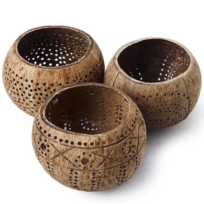 Bougeoirs en bois de noix de coco (ensemble de 3) avec bougies chauffe-plat parfumées - Décor Boho, Votive