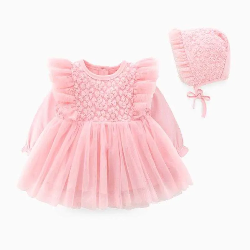 Nieuw geboren babykleding herfst meisjes volle maan feestjurk schattige baby meisje lange mouw prinses jurk baby kostuum kant roze jurk Q0716