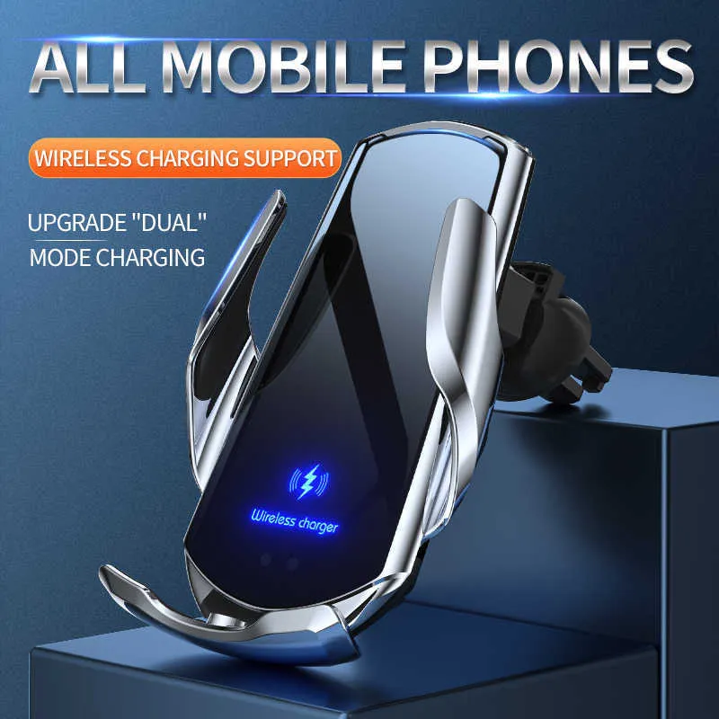 Automatisk 15W Qi Car Wireless Charger för iPhone 13 12 XS XR X 8 S20 S10 Magnetisk USB Infraröd sensor Telefonhållare Mount294G