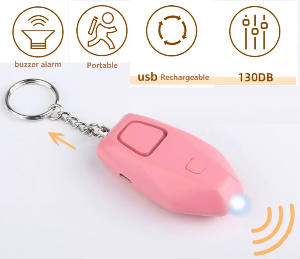 wholesale Alarm systems Rechargeable device 130dB personal siren flashlight smart loud attack panic keychain security
