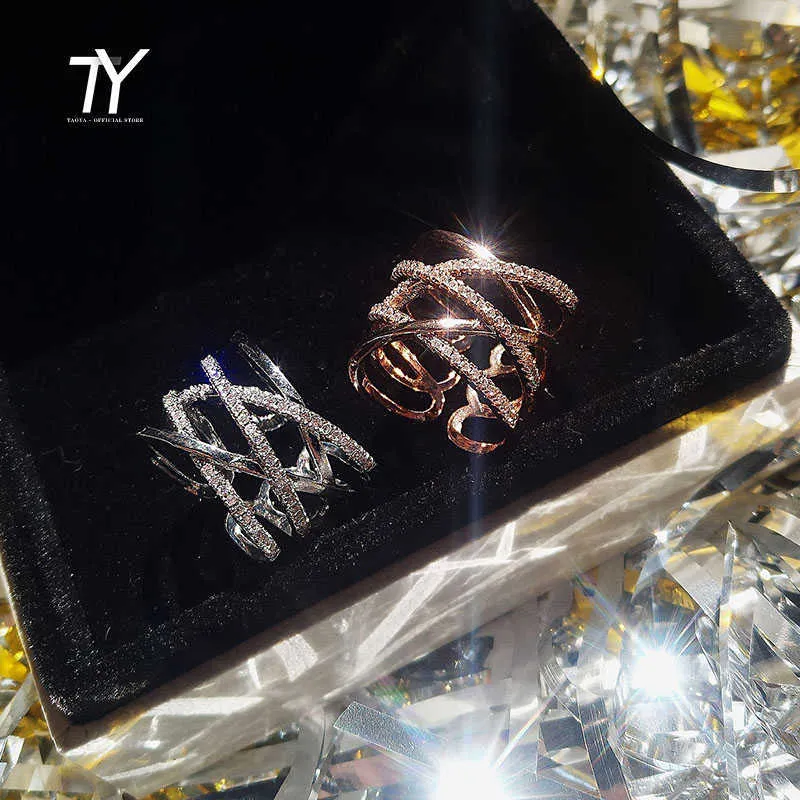 Преувеличенный металлический крест инкрустация циркона открытые кольца для женщины 2020 новая мода розовое золото пальцев ювелирные изделия свадьба роскошное кольцо X0715