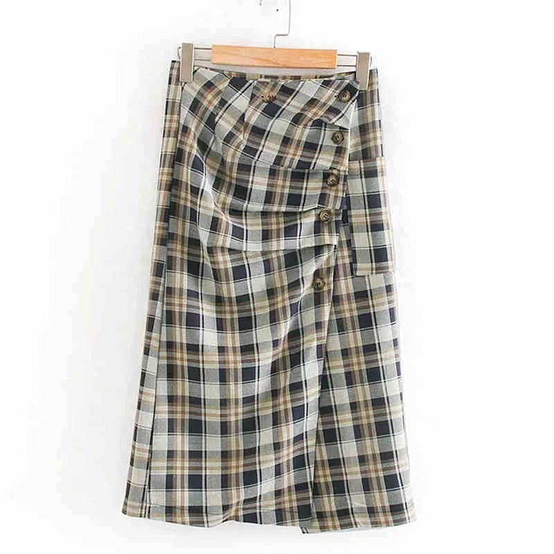 Falda de moda de longitud media plisada con botones elegantes de cintura alta de estilo británico de entramado Retro para mujer primavera 210521