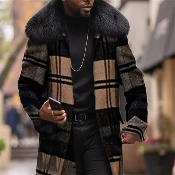 Mens plaid coat with fur collar top