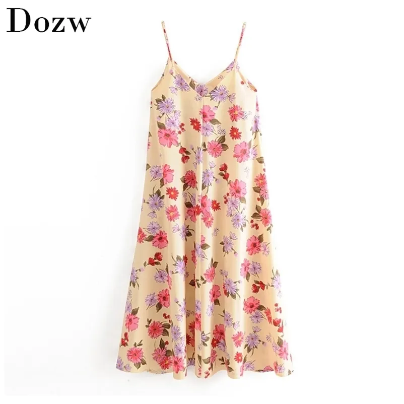 Boho Styles Floral Print Long Dress Sexy Deep V Neck Sleeveless Beach Women Summer Backless Loose Holiday Ropa Mujer 210515