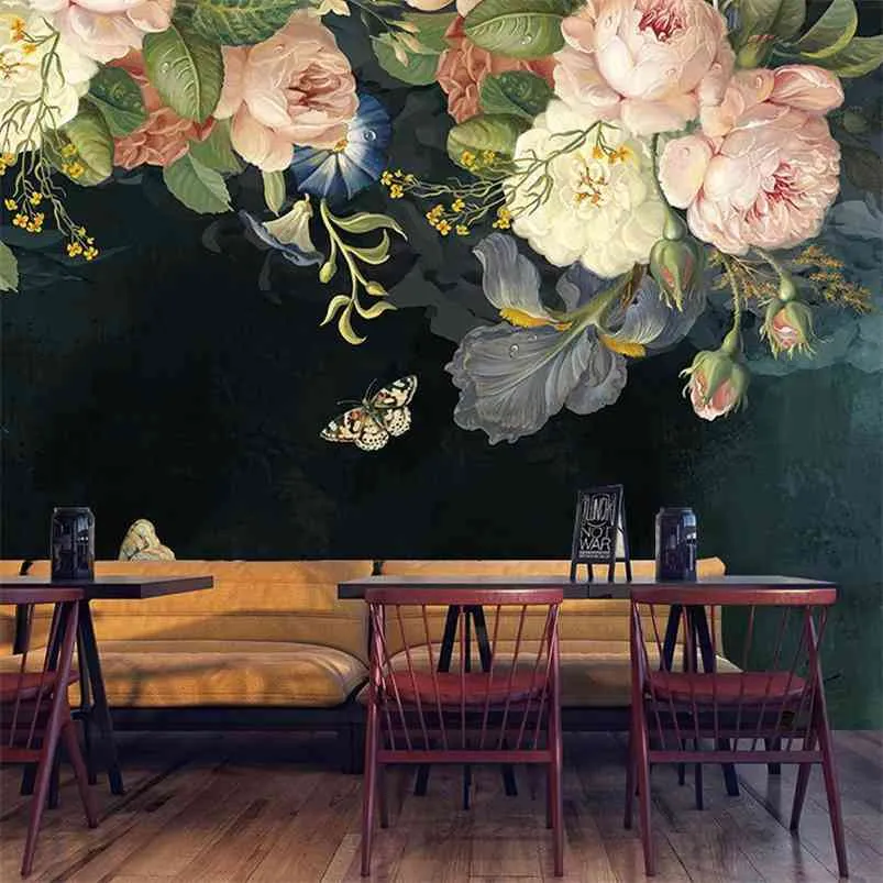 Benutzerdefinierte 3D-Tapete Seidentuch wasserdichte Leinwand Wandbilder Wandmalerei Pastoral Blumen Blumen Ölgemälde Schwarz Wandbild Tapete 210722