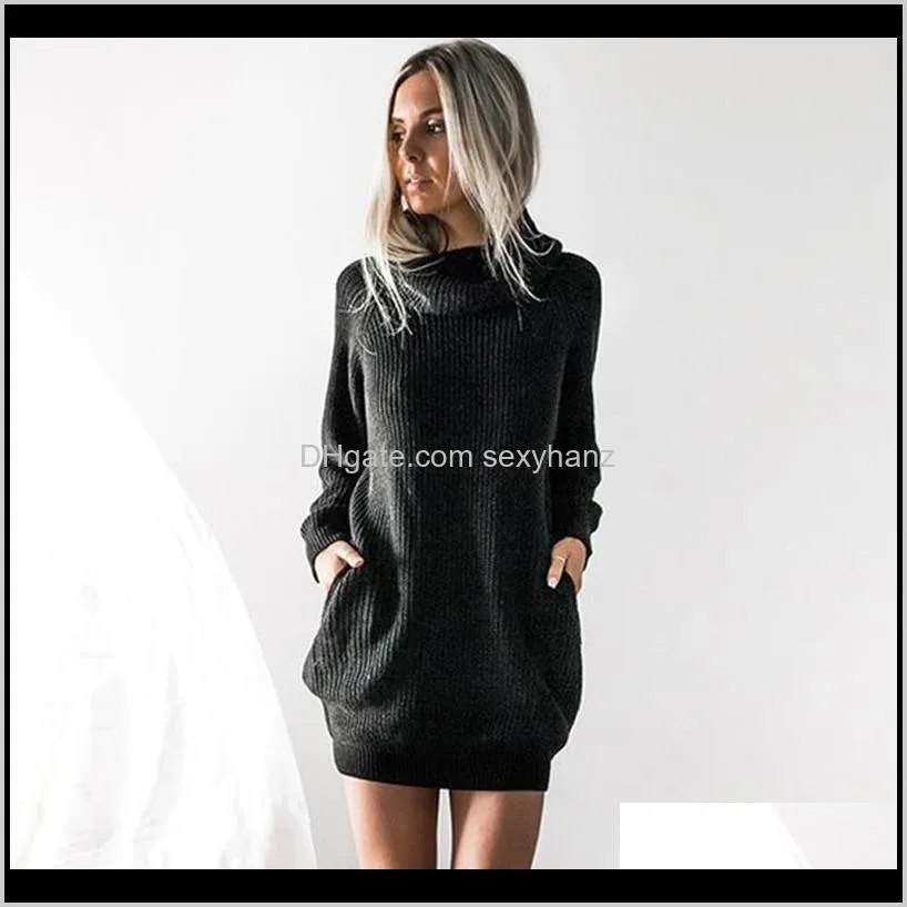 Clothing Apparel Drop Delivery 2021 Autumn Winter Sweater Solid Casual Dresses Womens Long Sleeve Turtleneck Knitted Dress Roll Neck Jumper L