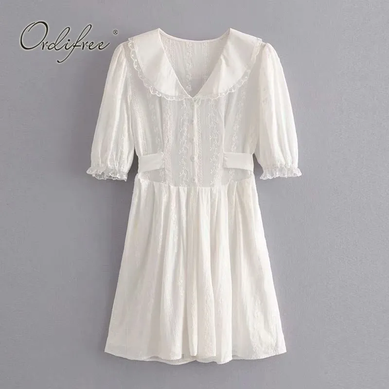 Verão Mulheres Partido Branco Mini Laço Crochet Único Breasted Belted Doce Elegante Feriado Curto Praia Vestido 210415