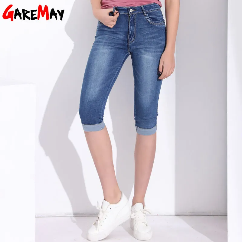 Denim Capri Skinny Jeans Femme Stretch Taille Haute Taille Plus Taille Pantalon court pour femmes Vêtements d'été Garemay 210428