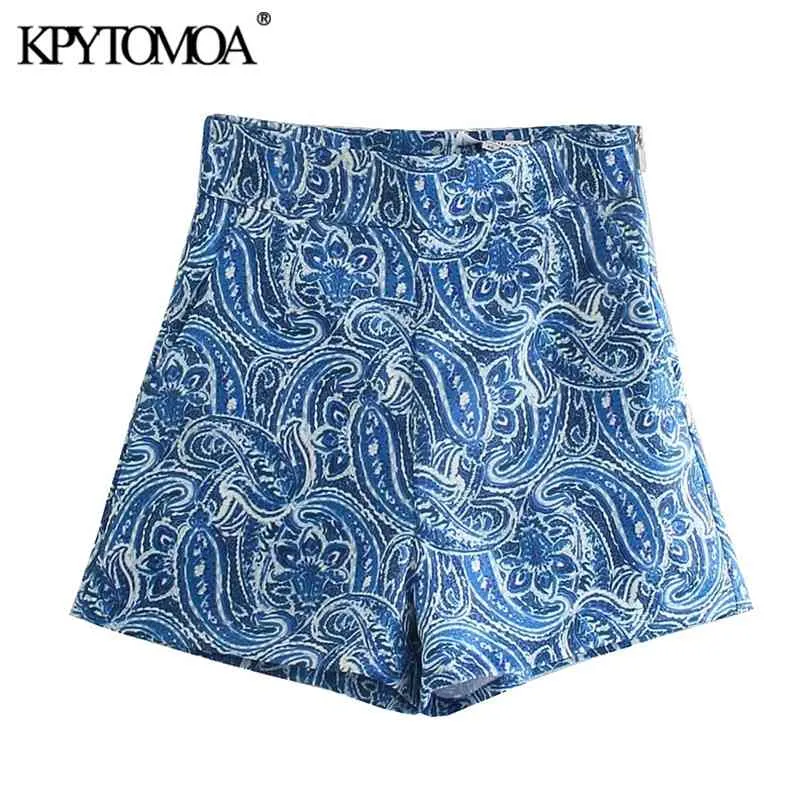 KPytomoa mulheres chic moda bolsos frontais paisley impressão shorts vintage alta cintura lado zíper feminino calças curtas mujer 210719