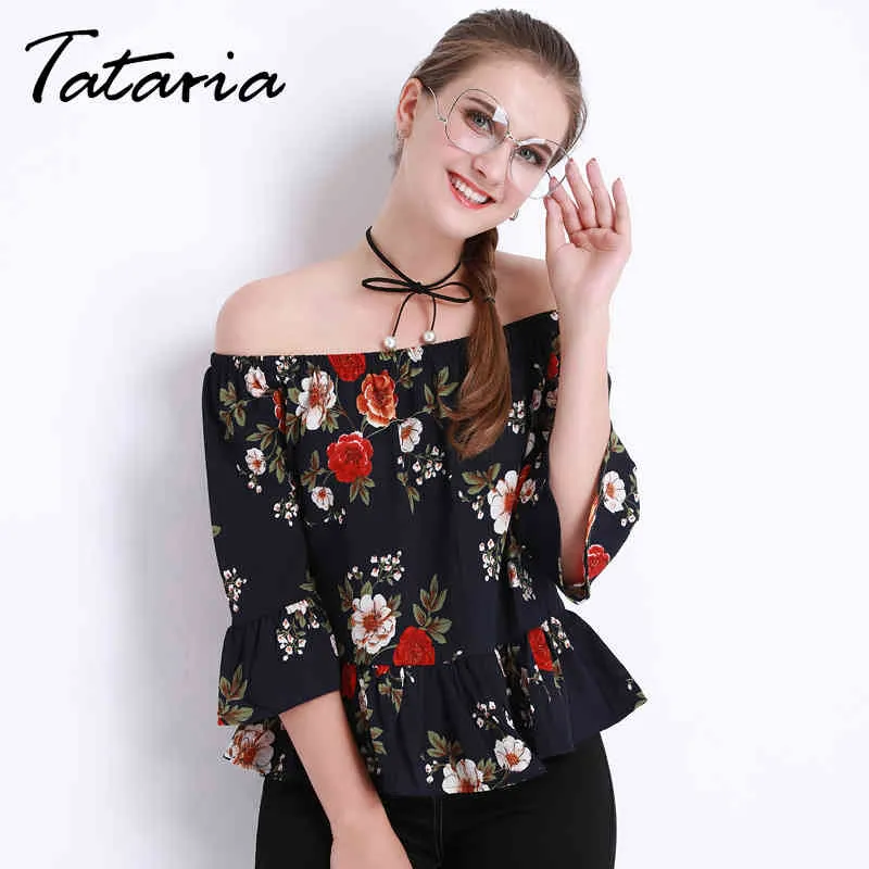 Dames zomer blouses off shoulder tops vrouwelijke witte chiffon floral print top femme ruche blouse en shirts bloem vrouwen 210514