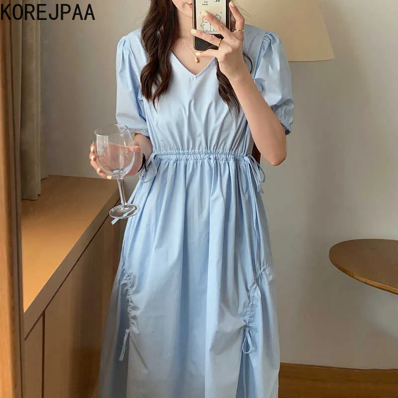 Korejpaa Women Dress Summer Korean Chic Gentle Milky Blue V-Neck High-Waist Ruffled Drawstring Design Puff Sleeve Vestidos 210526