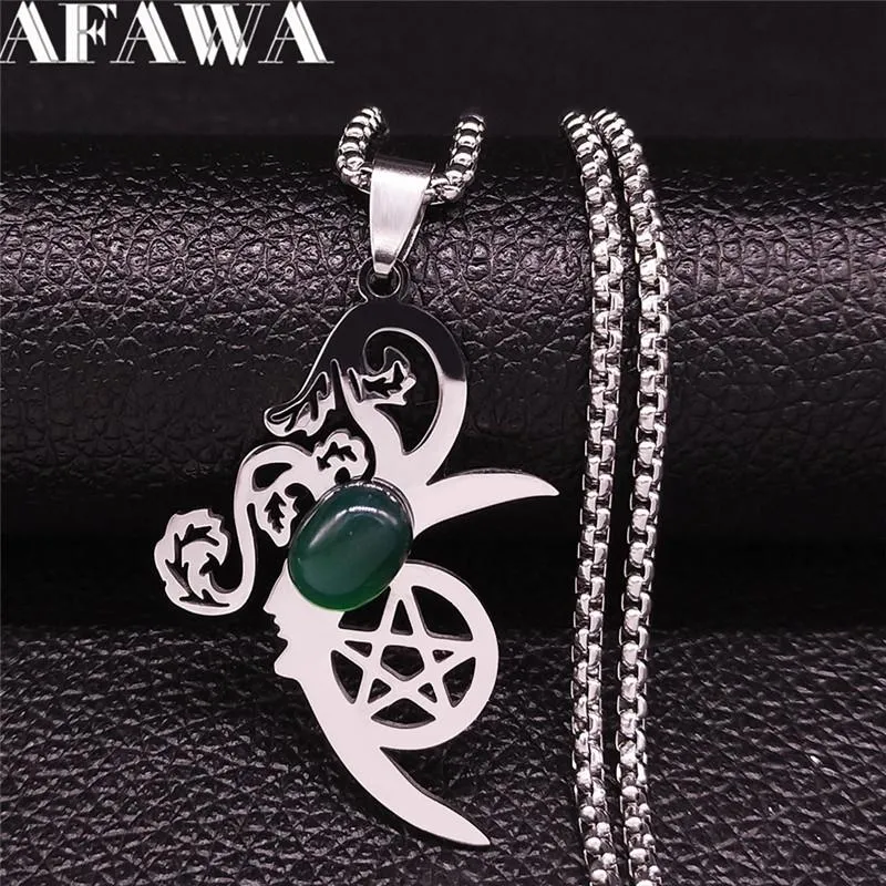 Witchcraft Pentagram Moon Flower Natural Stone Stainless Steel Chain Necklaces Silver Color Women/Men Jewelry Collier N4353S02 Pendant