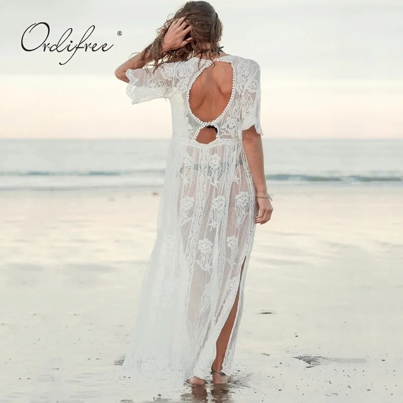 Mulheres Verão Maxi Sexy Transparente Ver através de Branco Lace Long Beach Vestido Roupas de Férias 210415