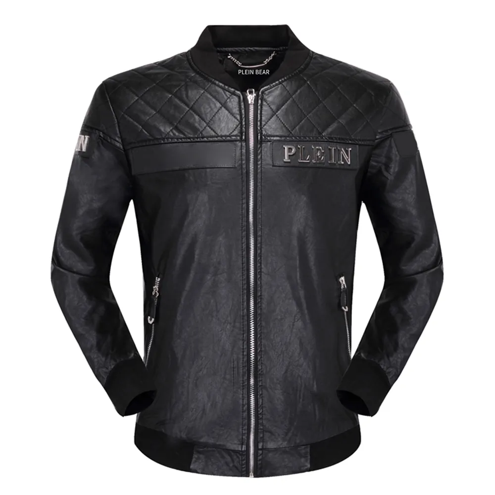 Plein Bär Winter Herbst Männer Mantel Jacke Schlank Faux Leder Motorrad Pu Faur Jacken Lange-sleeve Oberbekleidung Mäntel 84162