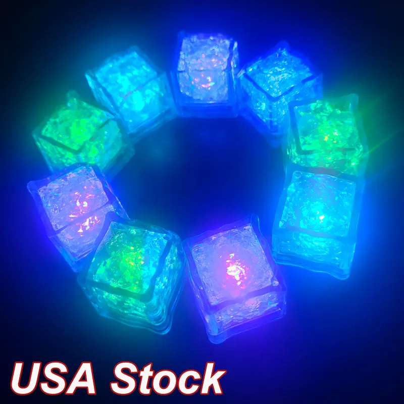 USA Stock RGB Flash Led Cube Multicolor Novelty Lighting Liquid Sensor Water Submersible Bar Light Up for Club Wedding Party Induction Ice Lamp Valentine's Day