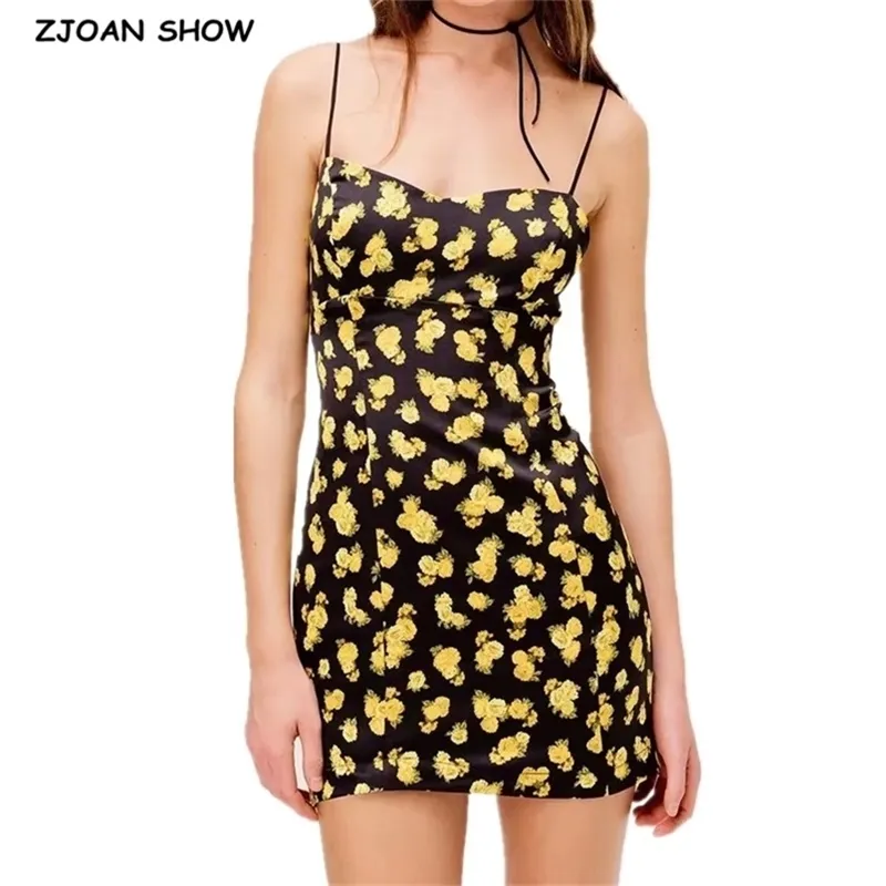 Vrouwen Sexy Franse Daisy Flower Spaghetti Riem Mini Jurk Dame Slanke Fit Back Rits Bodycon Sling Party 210429