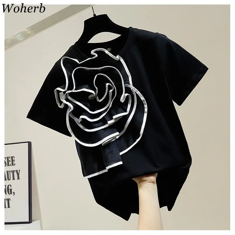 Blomma ruffle t-shirt kvinnlig sommar japansk lös svart vit tee mode kvinnor toppar t-shirt elegant chic 210519