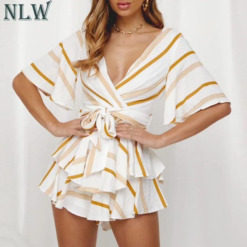 Kvinnors Jumpsuits Rompers Nlw Stripe Ol Bow Beach 2021 Kvinna Sommar Playsuits Casual Party Ruffles Backless Short