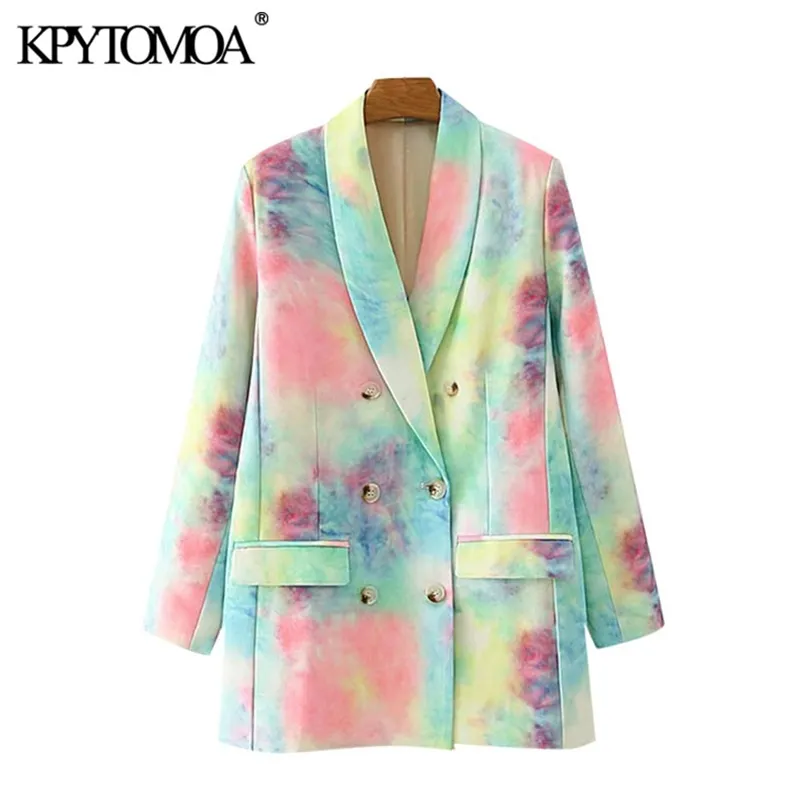 Femmes Mode Double Boutonnage Tie-dye Imprimer Blazer Manteau Vintage Manches Longues Poches Femme Survêtement Chic Tops 210416